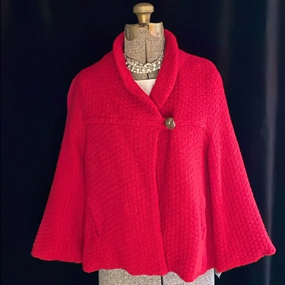 FREE PEOPLE 100% LAMBSWOOL CROPPED RED 3/4 SLEEVE JACKET - L - NWT ! ❤️🎄 - Picture 2 of 12